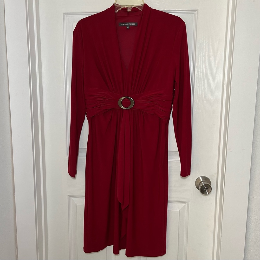 Jones Wear Dark Cranberry Red Long Sleeve Dress with Ring Accent